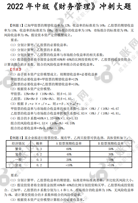 2022中级会计《财务管理》冲刺大题汇总